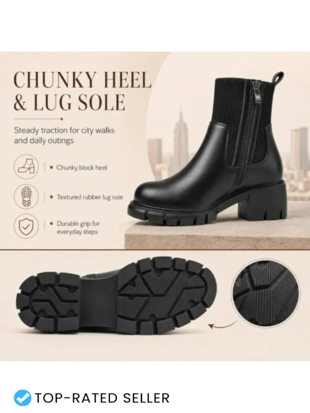 Chunky Lug Sole Chelsea Boots for Women, Side Zipper Platform Ankle Booties